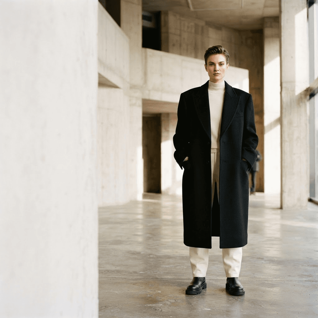 Model wearing the ELMclub structured black wool coat