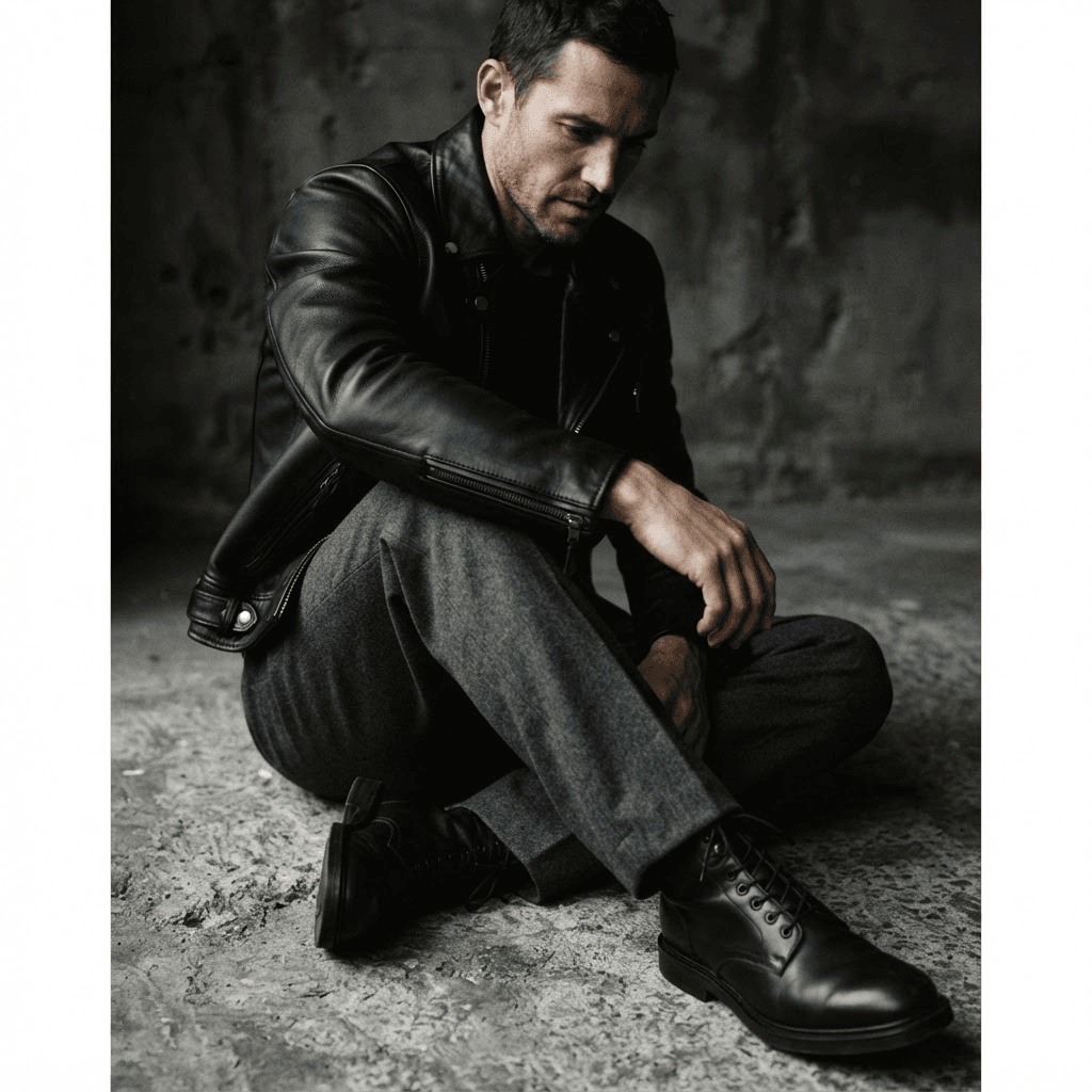 ELMclub men’s black leather and tailored trouser editorial