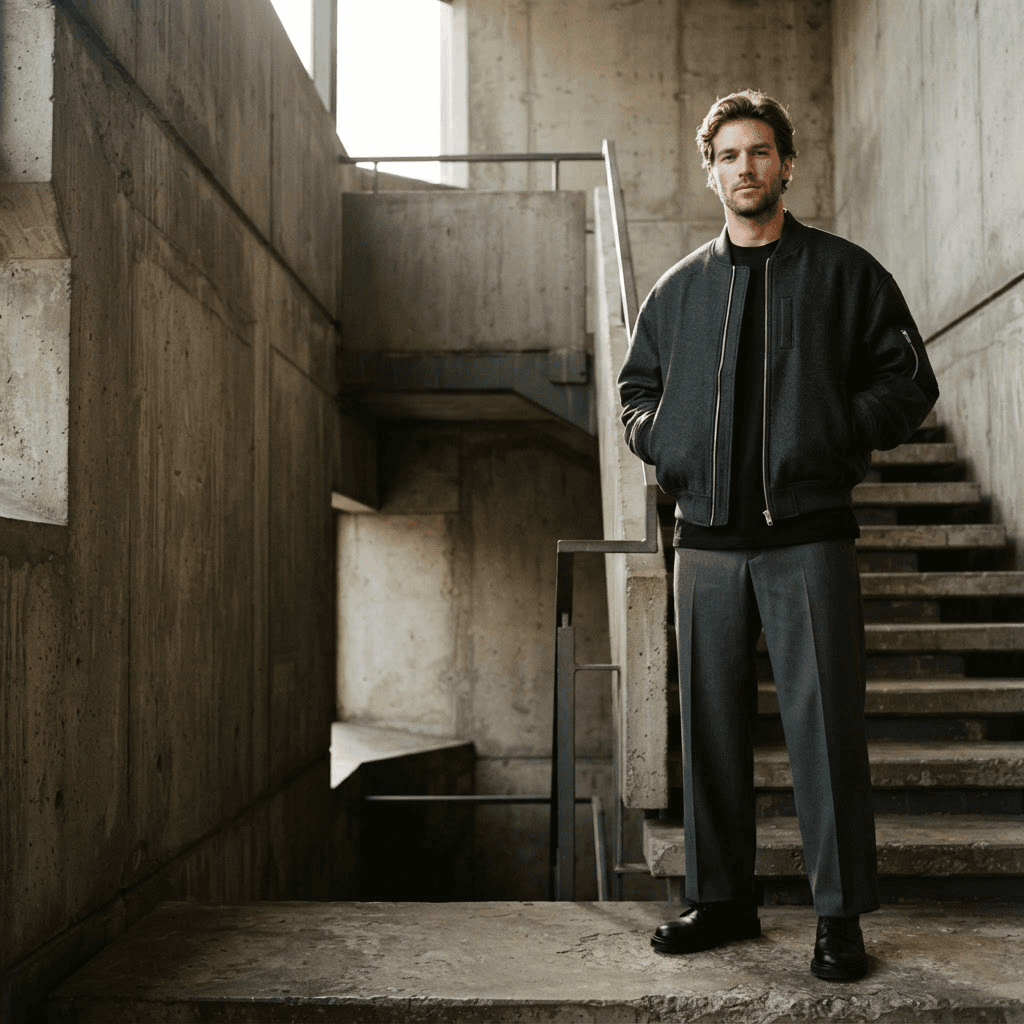 Model wearing ELMclub charcoal menswear in brutalist architecture