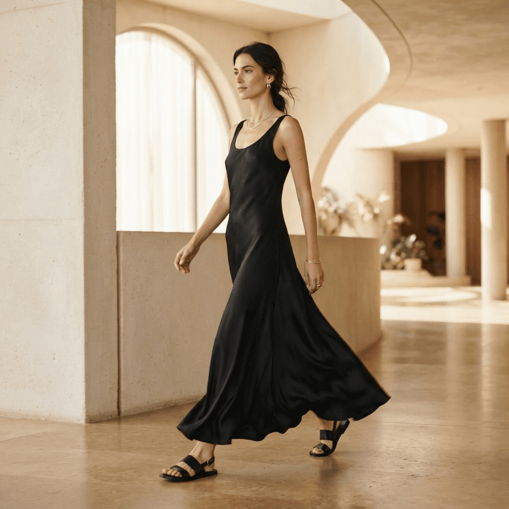 ELMclub woman in a fluid black dress in warm modern architecture