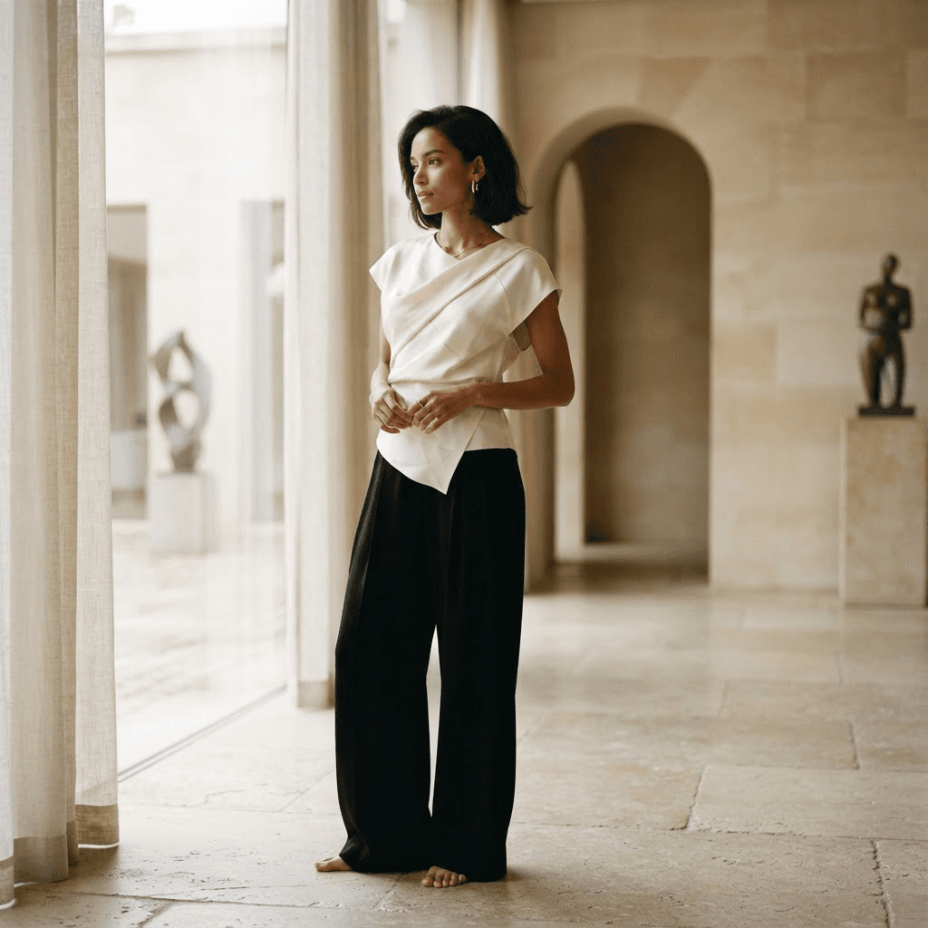 Model wearing an ivory ELMclub top and flowing black trousers